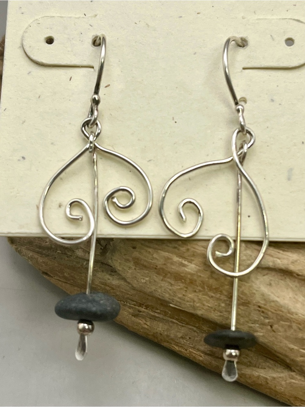 Handcrafted Silver Swirl Drop Earrings with Dark Gray Stone Beads